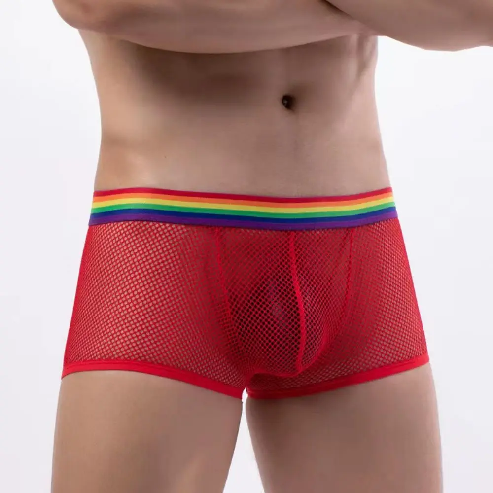 

Sexy Underwear Boxer Shorts Men Mesh Rainbow Belt Underwear Mesh Breathable Perspective Sexy Flat Leg Quadrangle Pants