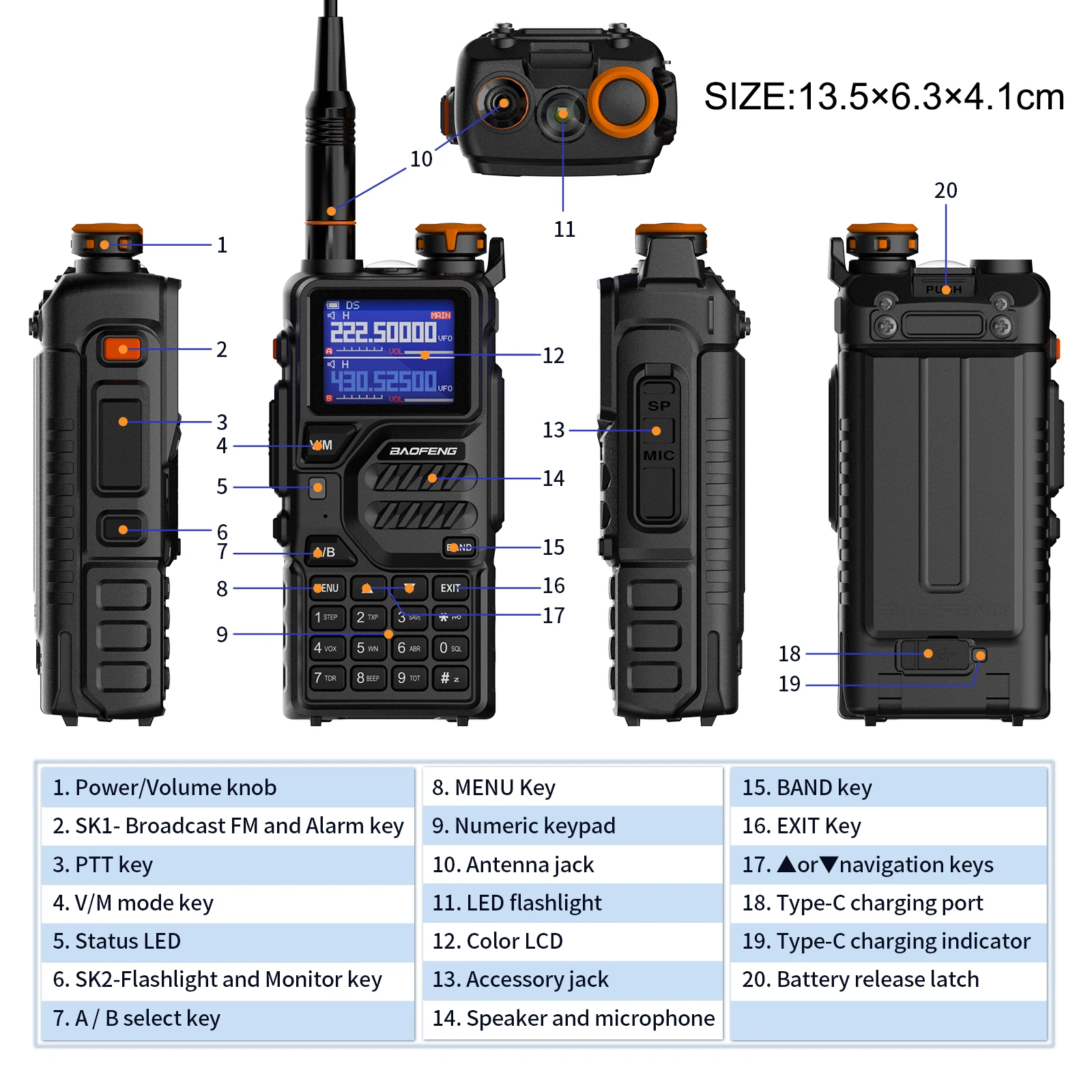 Baofeng-batería K5 Plus de 10 vatios, 136-174/220-260/400-480MHz, tipo C, 2500mAh, 999CH