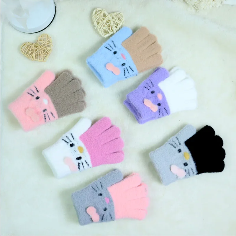Winter Warm Woolen Gloves for 4-10 Years Old Cute Cartoon Cat Fingers Children's Color Block Gloves children gloves