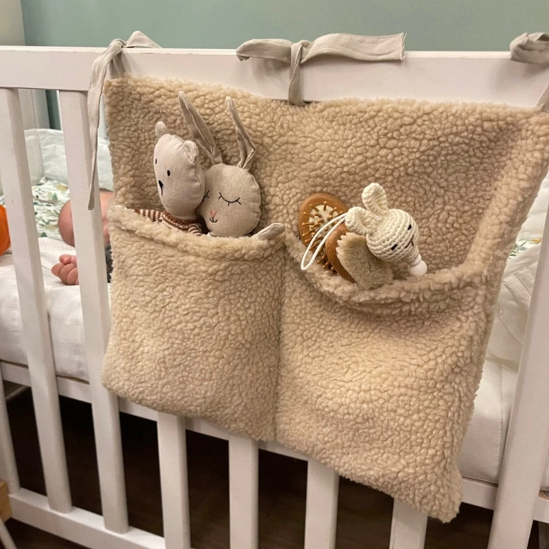 New Thick Plush Baby Crib Hanging Storage Bag Portable Double Pockets Newborn Cot Toy Organizer Bag Bed Headboard Storage Pouch 5