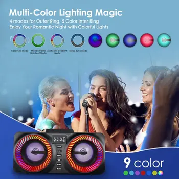 Karaoke Machine for Kids Adults, Portable Bluetooth Speaker with 9 Modes LED Lights,Lyric Display&2 UHF Wireless Microphones 4