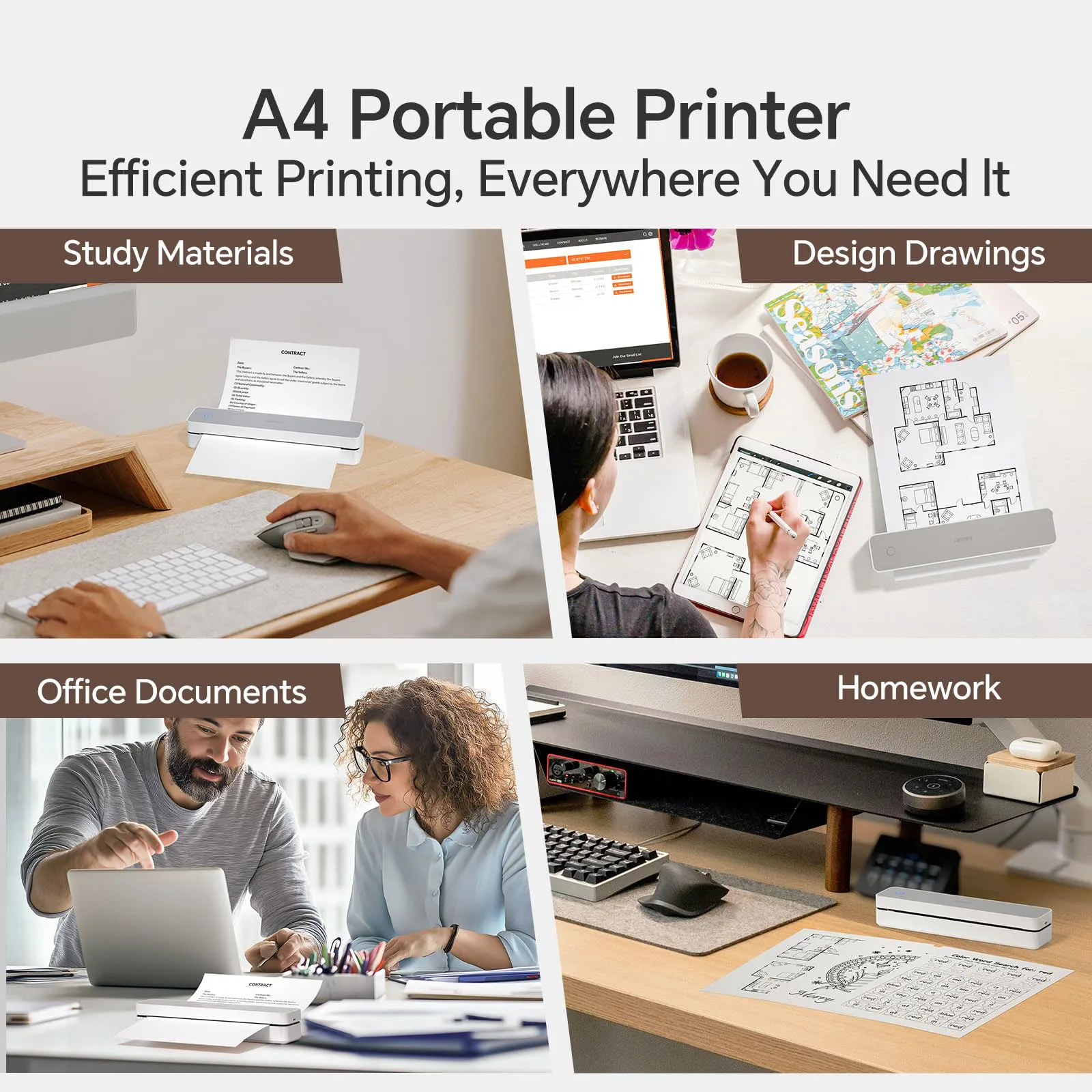 HPRT MT610-Pro A4 감열식 프린터 300DPI 휴대용 무선 인쇄기 PDF, Word, Excel, 계약서, 사진, 사무실, 학교용