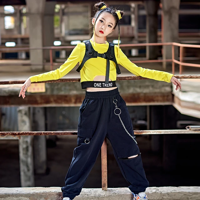 New Kids Hip Hop Clothing For Girls Yellow Crop Tops Cargo Pants