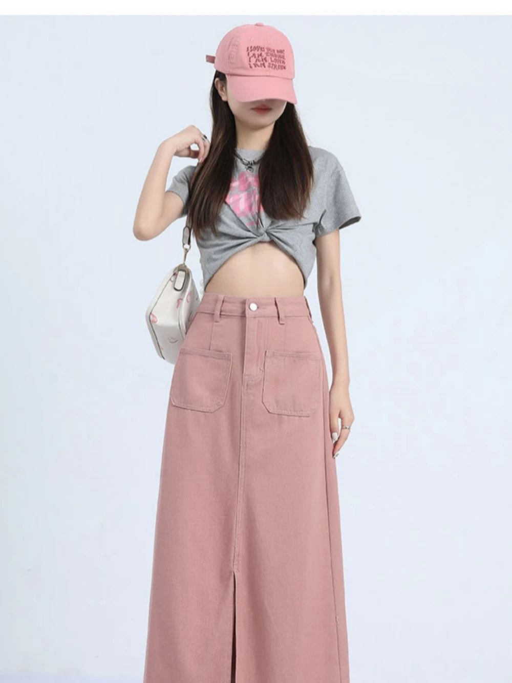 

2023 Summer New Women's Skirt 100 Matching Medium Length High Waist Slit Double Pockets Comfortable Lady Denim Dress