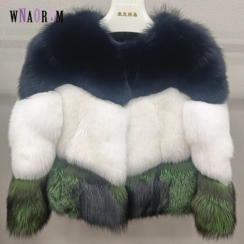 100% natural real fox fur women's new color-blocking fashion real fur jacket warm jacket high quality party real fur coat topfur real sliver fox fur coat 50cm green color short women s winter jacket high quality real fox fur coat
