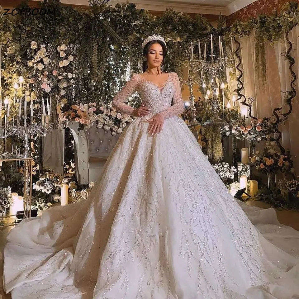 Maßgeschneiderte Elegante Ballkleid-Hochzeitskleider 2026 mit Illusions-Ausschnitt, Glitzer-Pailletten und Perlenstickerei Brautkleider Vestidos De Noiva