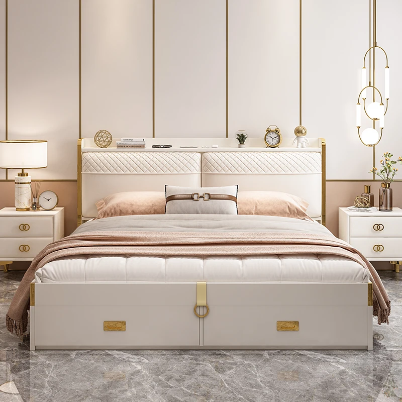 Light Luxury Bed King /Queen Size Frame Off-White Bedroom Furniture Set Home Furniture Double Bed