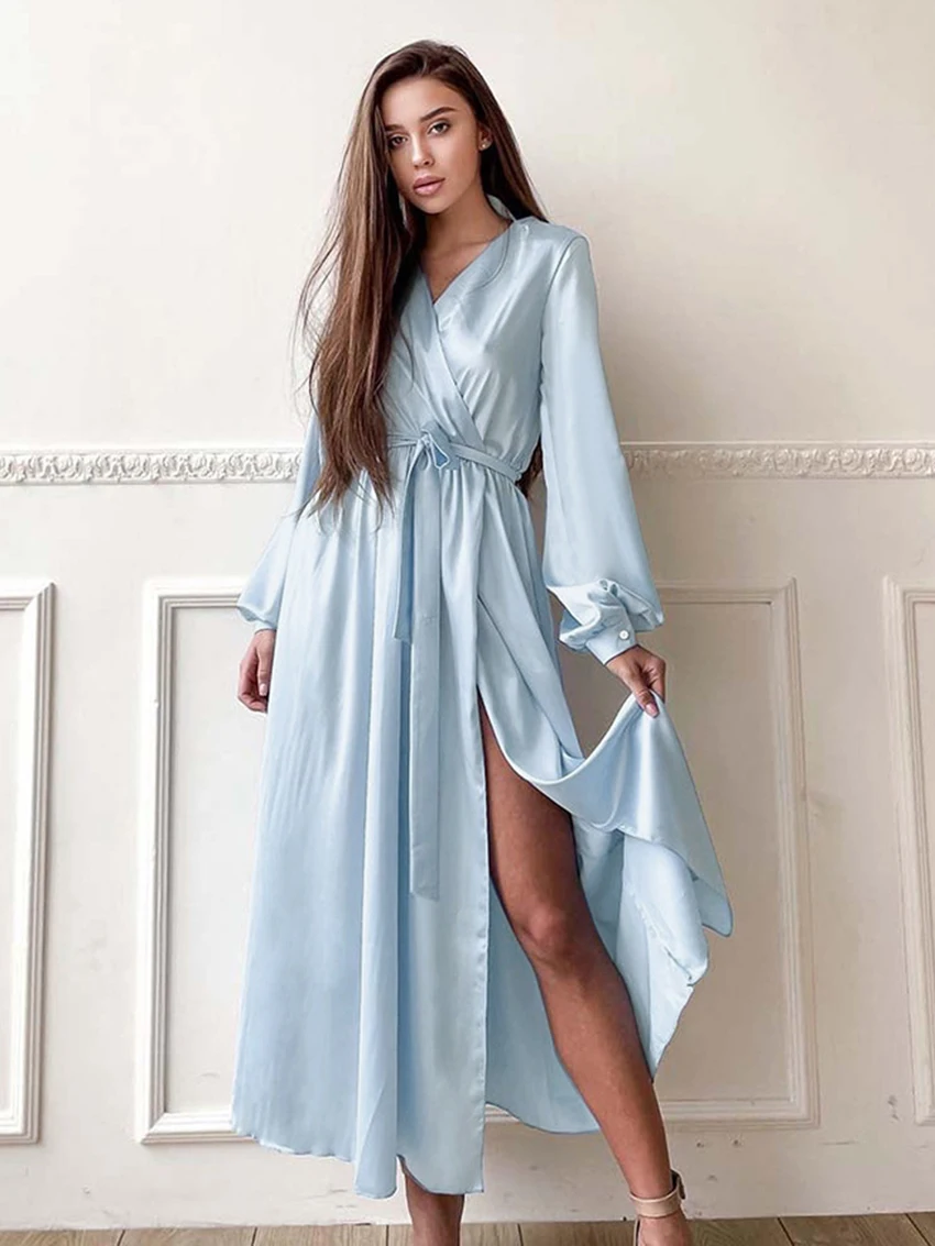 Marthaqiqi Sexy Women Robe V-Neck Sleepwear Long Sleeve Bathrobe Lace Up Nightgowns Ankle-Length Dress Femme Autumn Home Clothes
