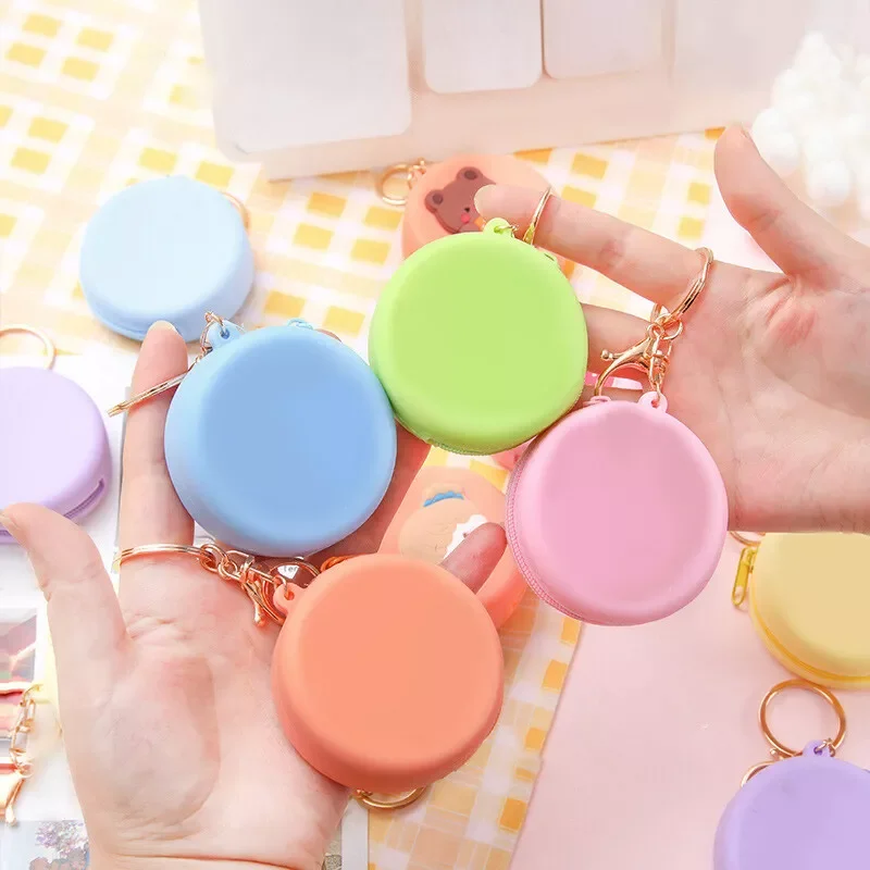 Mini Round Silicone Zipper Coin Purse Solid Color Small Wallet Change Pouch Key Holder Storage Keychain Bag Pendent