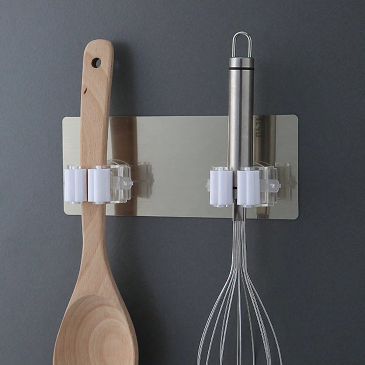 Dual hole self-adhesive mop holder, wall mounted mop and broom storage