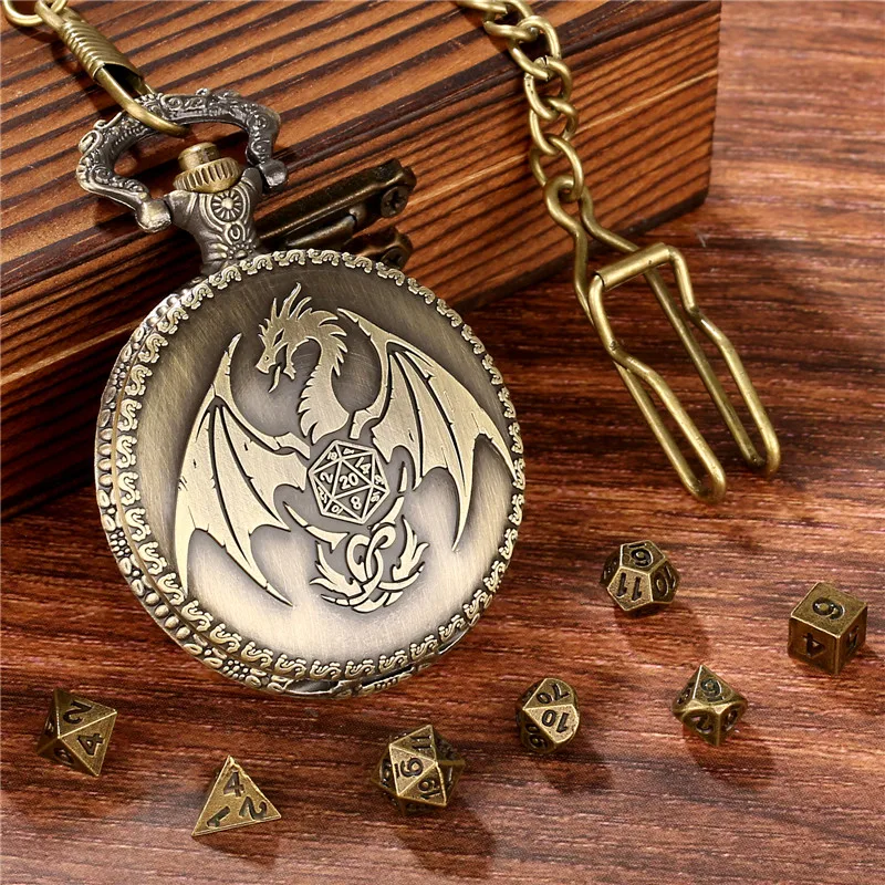 Vintage Pendant Chain Dragon Pocket Watch Case with 7pcs Tiny Polyhedral Metal Dice Set Role Play Gaming Accessory Dices