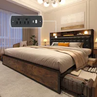 Queen Bed Frame with 4 Storage Drawers and Upholstered Headboard Meal Bed Frame Queen Size Built in Charging Station,Noise Free 1