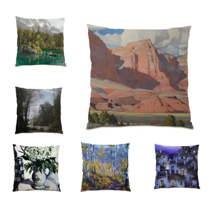 

2024 Oil Painting Pillowcases for Living Room Linen Polyester Home Decorative Cushions 45x45 Bed Sofa Home Decorations DF951