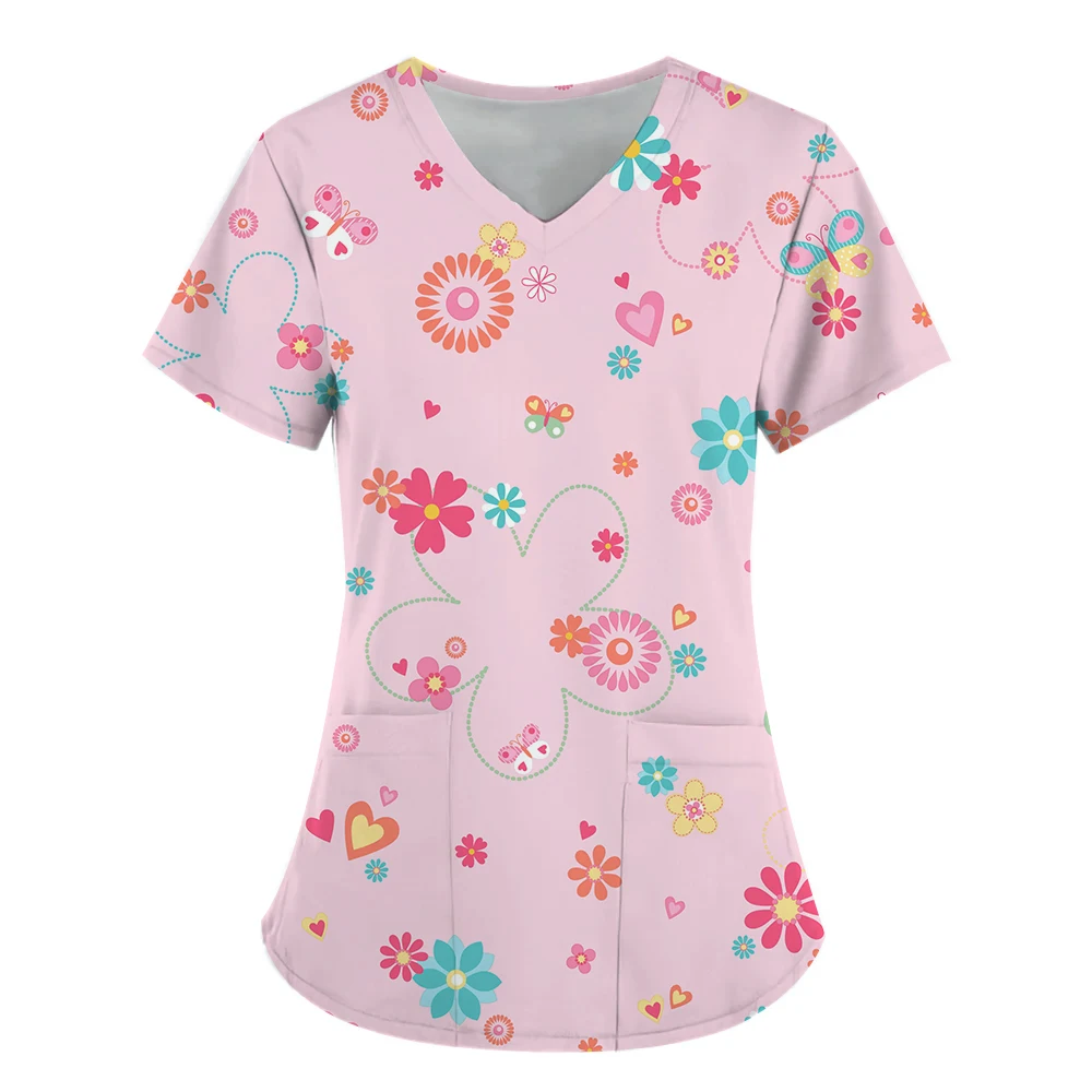 

2023 Nurse Suit Women's Short Sleeve V-Neck Flower Element 3D Printed Clothing T-shirt with Pockets Work Suit Medical Care Suit
