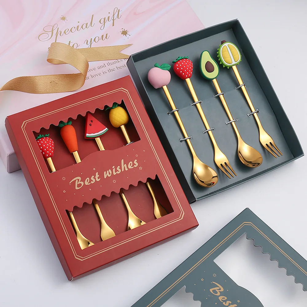 

6/4/2pcs New Year Gifts Stainless Steel Fruit Spoon Fork Tableware Set Dessert Scoop Fruit Fork Coffee Spoon Cutlery Decoration