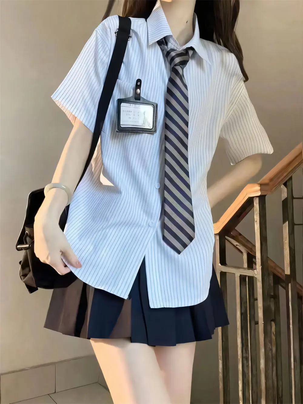 Japan Casual Jk Tie Striped Shirt Women Preppy Style Vintage Blouse Summer Cute Short Sleeve Retro Kawaii Design Tops New