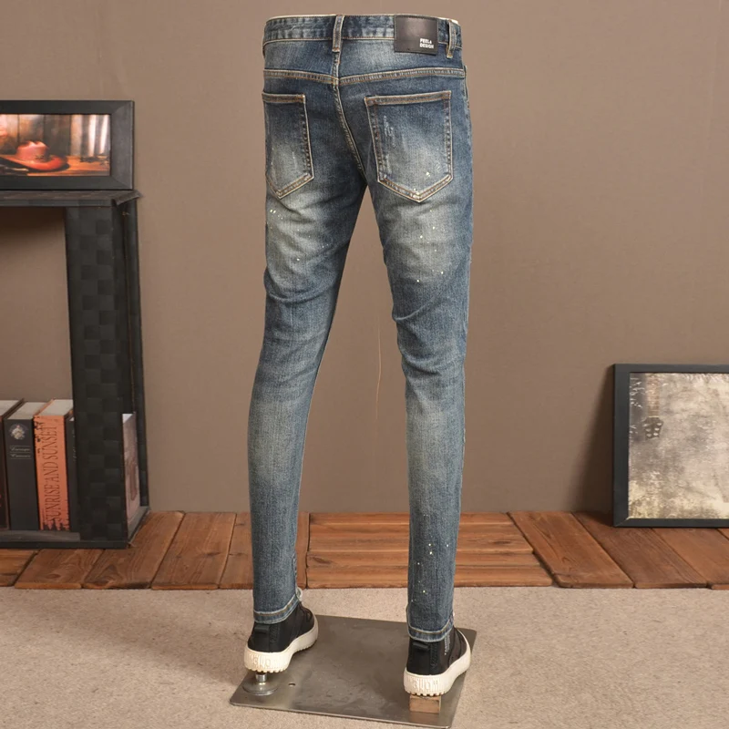 Street Fashion Men Jeans High Quality Retro Washed Blue Stretch Slim Fit Ripped Jeans Men Vintage Designer Denim Pencil Pants