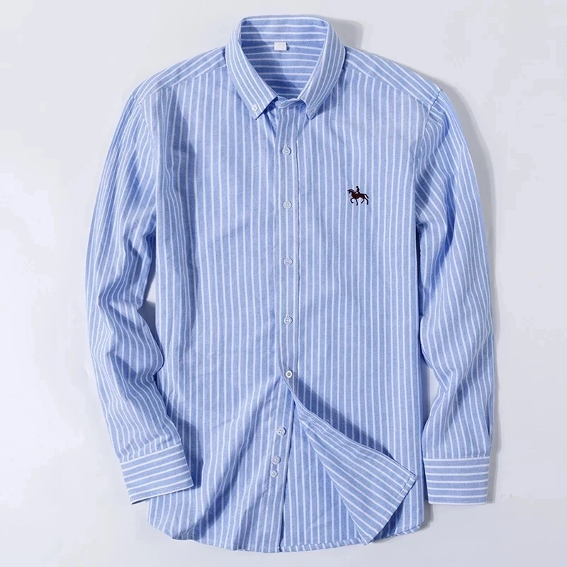 Pure Cotton Oxford Shirt For Mens Long Sleeve Plaid Striped Casual Shirts Male Pocket Regular-Fit Button-Down Work Man Shirt