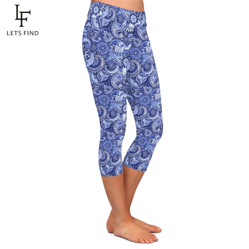 LETSFIND Summer New 3D Paisley Digital Print Cashew Flowers Women Pants High Waist Soft Fitness Stretch Capri Leggings