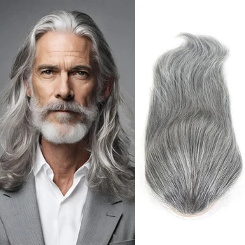 Parrucchino Grigio da 12 Pollici per Uomo, Capelli Umani, Sistema Mono Lace PU, Capelli Lisci, Protesi Capillare Maschile