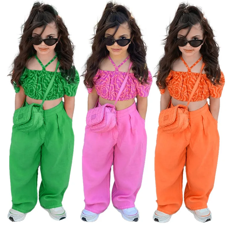 

Qunq Summer Girls Hang a Neck Off Shoulder Pleated Puffed Sleeves Top+Straight Pants 2 Pieces Set Casual Kids Clouthes Age 3T-8T
