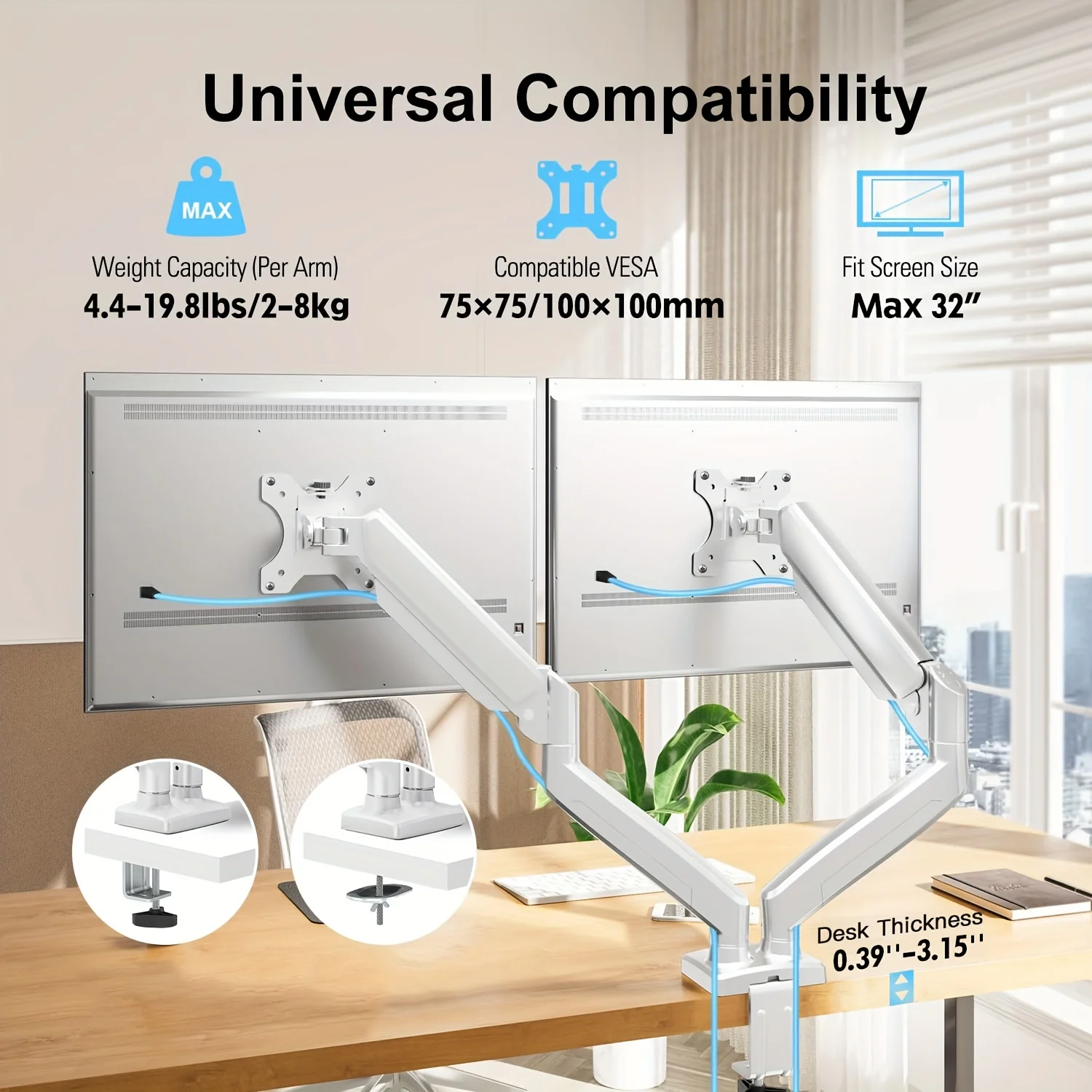 Monitor Stand for 13-32 inches Screens Dual Monitor Mount Gas Spring Dual Arm Full Motion Adjustable