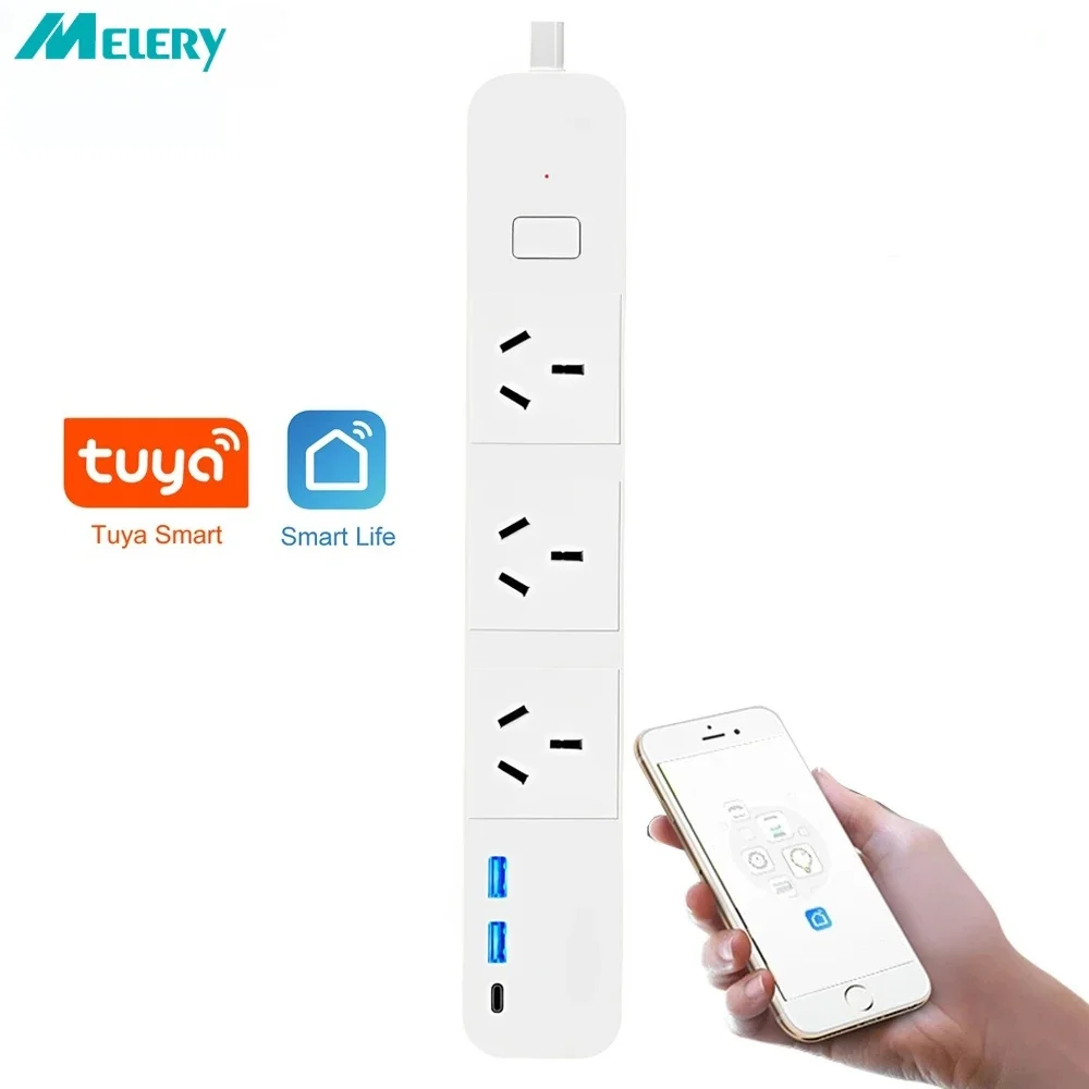 Melery Tuya WiFi Smart Power Strip Extension AU plug Socket with 2 USB Ports 1 Type-C Charging Remote Control Works Google Alexa