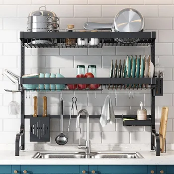 Over Sink Dish Drying Rack, Large 3 Tier 304 Stainless Steel Dish Drainer Organizer for Kitchen Shelf, Expandable Above Sink 6