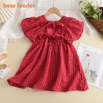 Bear Leader Summer Red Plaid Bow Dresses Elegant Lolita Child Baby Girl Midi Dress Children Dresses Girl Party Princess Sundress 1