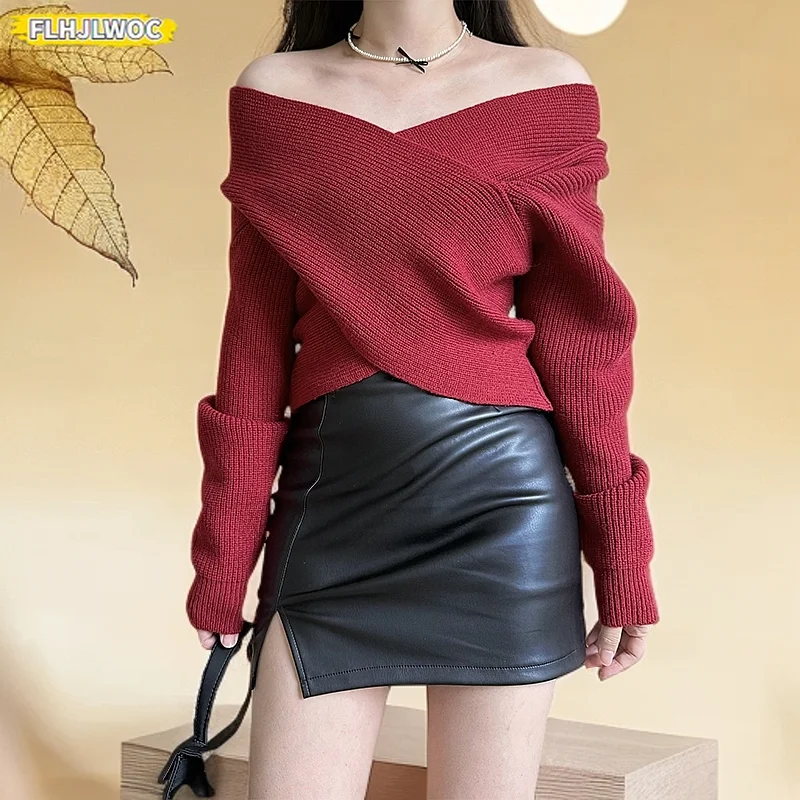 Off Shoulder Short Crop Tops 2025 Spring Autumn Long Sleeve Irregular New Year Red Basic Knitted Pullover Jumper V Neck Sweaters