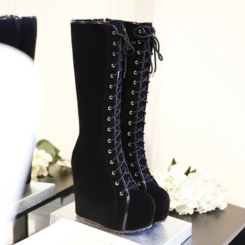 Fashion Knee High Boots Women Platform Sexy Wedge Heels Women's High Boots Lace-up Round Toe Black Dance Shoes For Girls - Image 4