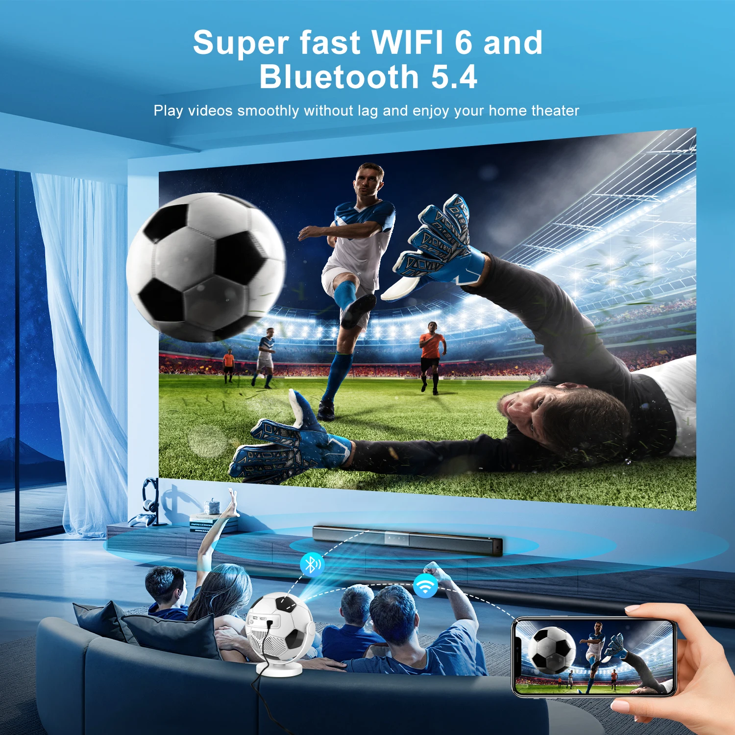 ApexTPFootball 쉐이프 스마트 프로젝터 (5G WiFi6, 블루투스5.4, 안드로이드 14 탑재) 미니 프로젝터 4K 홈시네마 축구공 모양 휴대용 프로젝터