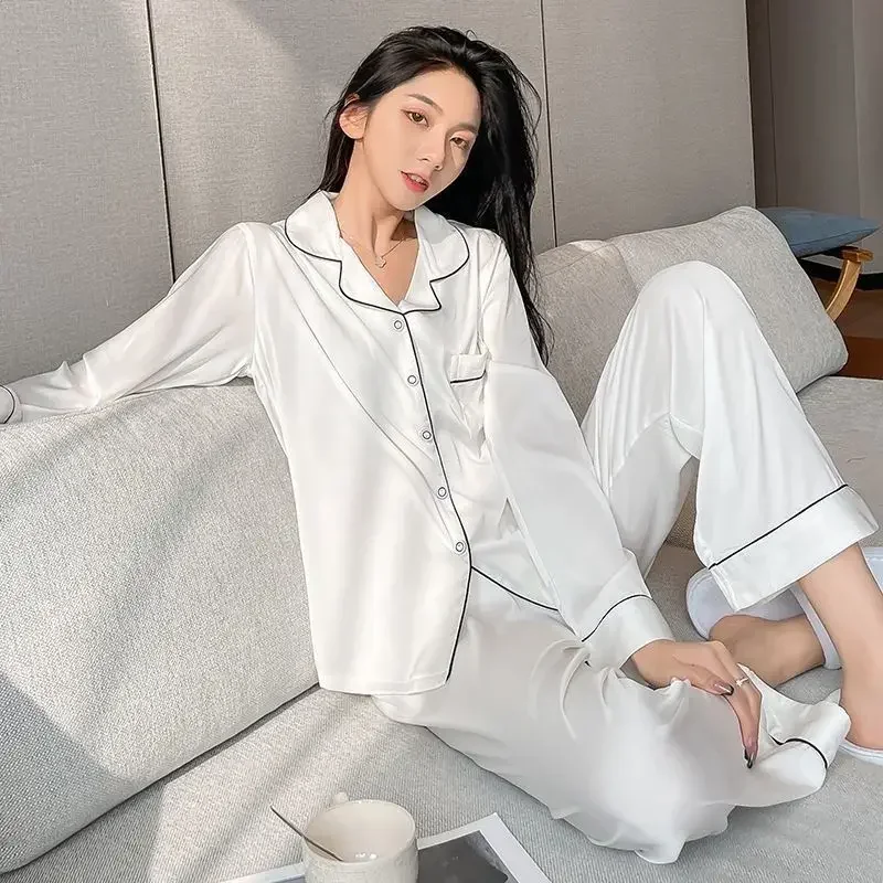 

2024 New Women Silk Satin Pajamas Pyjamas Set Sleepwear Pijama Couple Pajamas Suit Dropshipping Sales Loungewear Women