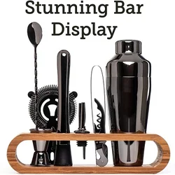 Premium Cocktail Bar Set - 10 - Piece Mixology Kit with Elegant Bamboo Stand (Gunmetal Black)