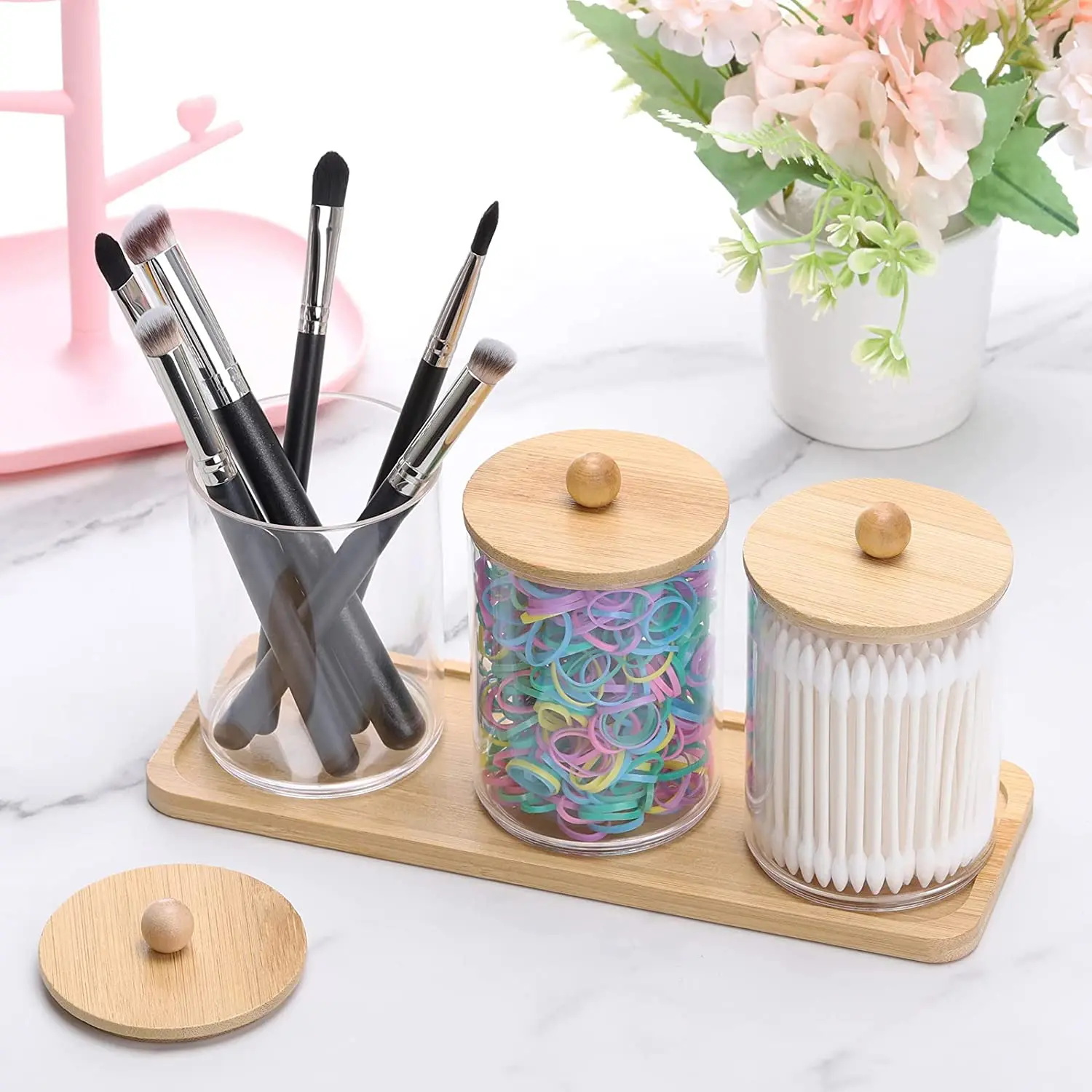 10Oz Cotton Swab/Ball/Pad Holder Vanity Tray Qtip Apothecary Jar Clear Bathroom Container Dispenser for Storage 3 Pack Wood Lids 4