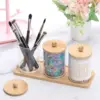 10Oz Cotton Swab/Ball/Pad Holder Vanity Tray Qtip Apothecary Jar Clear Bathroom Container Dispenser for Storage 3 Pack Wood Lids 4