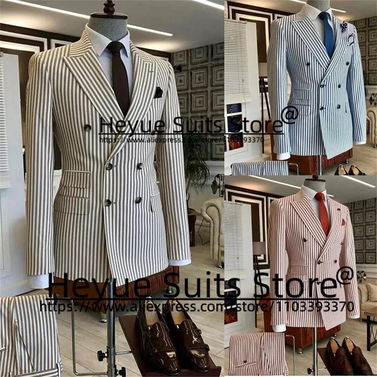 

Double-breasted Stripe Elegant Men Suits Slim Fit Peak Lapel Groom Wedding Tuxedos 2 Pcs Sets Business Male Blazer Costume Homme