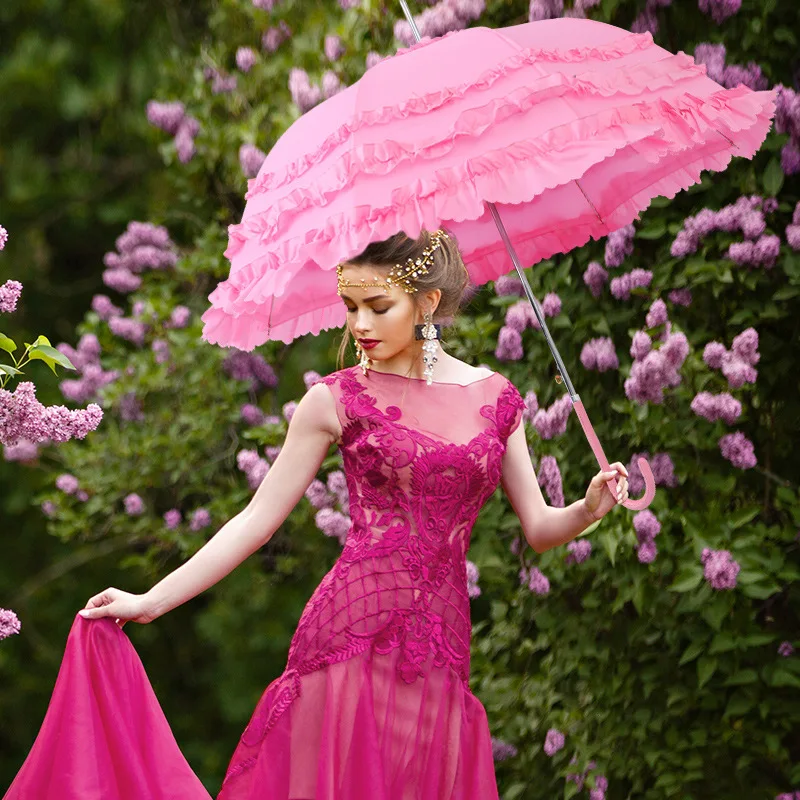 

Bridal Umbrella Multilayer Lace Sunshade Umbrella Straight Rod Long Handle Arched Princess Umbrella Automatic Sunshine Umbrella