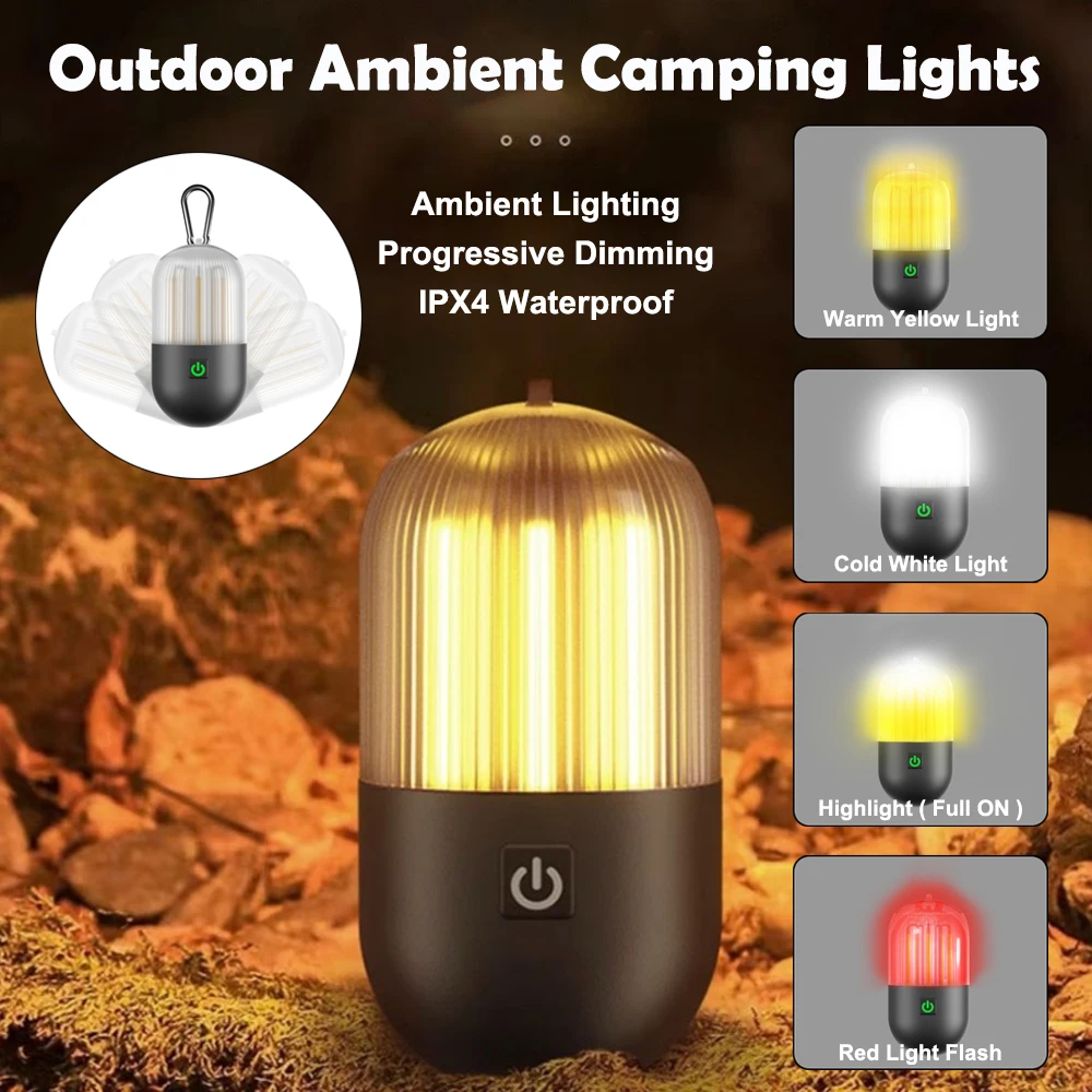 

Portable Camping Lights Tumbler LED Ambiance Night Light Table Lamp Outdoor Rechargeable Waterproof Emergency Tent Hanging Lamps