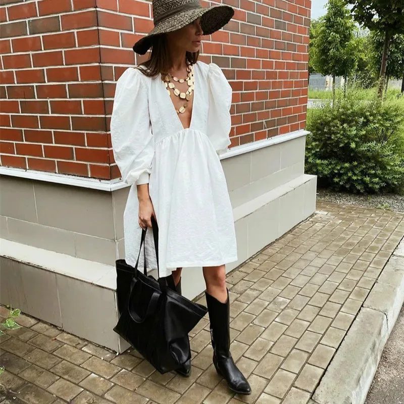 

Women's Puff Sleeve A-line Ladies Dress Deep V-neck Sexy Black Dresses High Waist Casual Elegant Autumn Winter Black White Dress