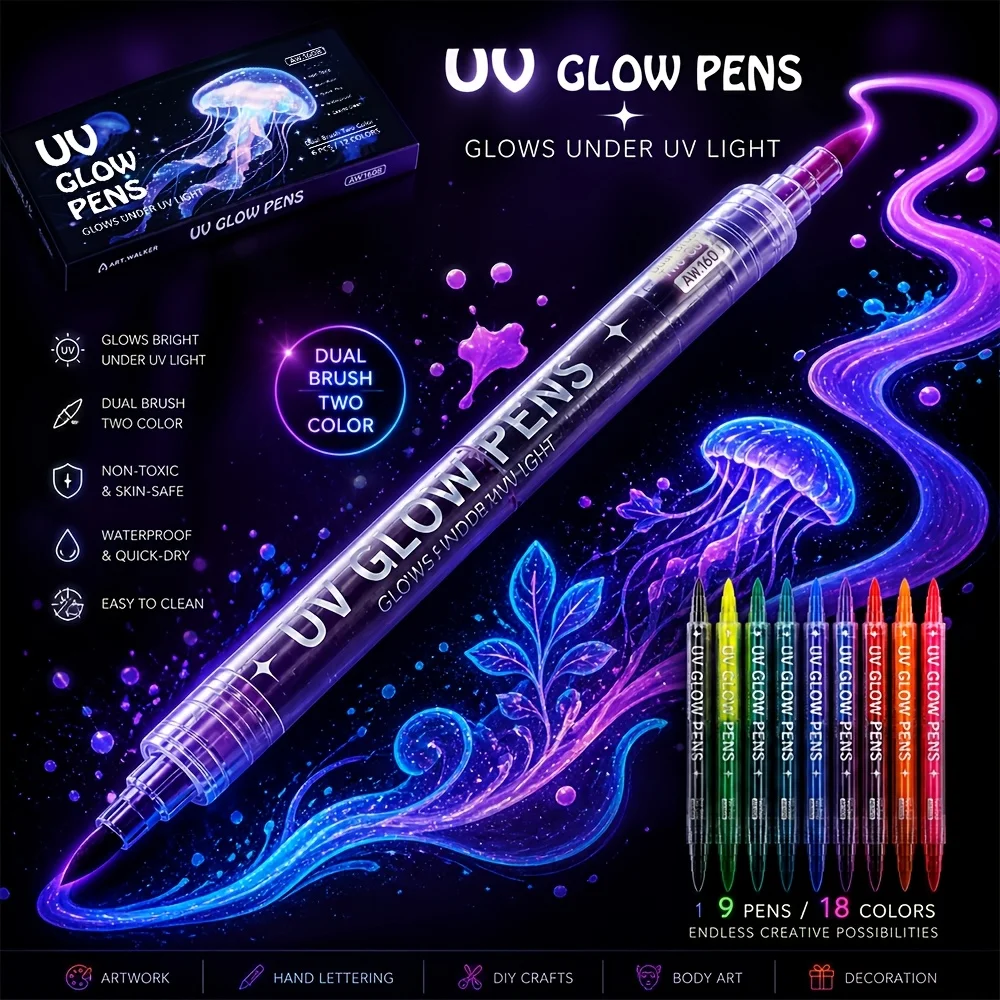 6/9PCS 듀얼 팁 UV 글로우 마커 네온 형광 아트 펜 블랙라이트 반응형 크리에이티브 DIY 페인팅 파티 그래피티 페스티벌용
