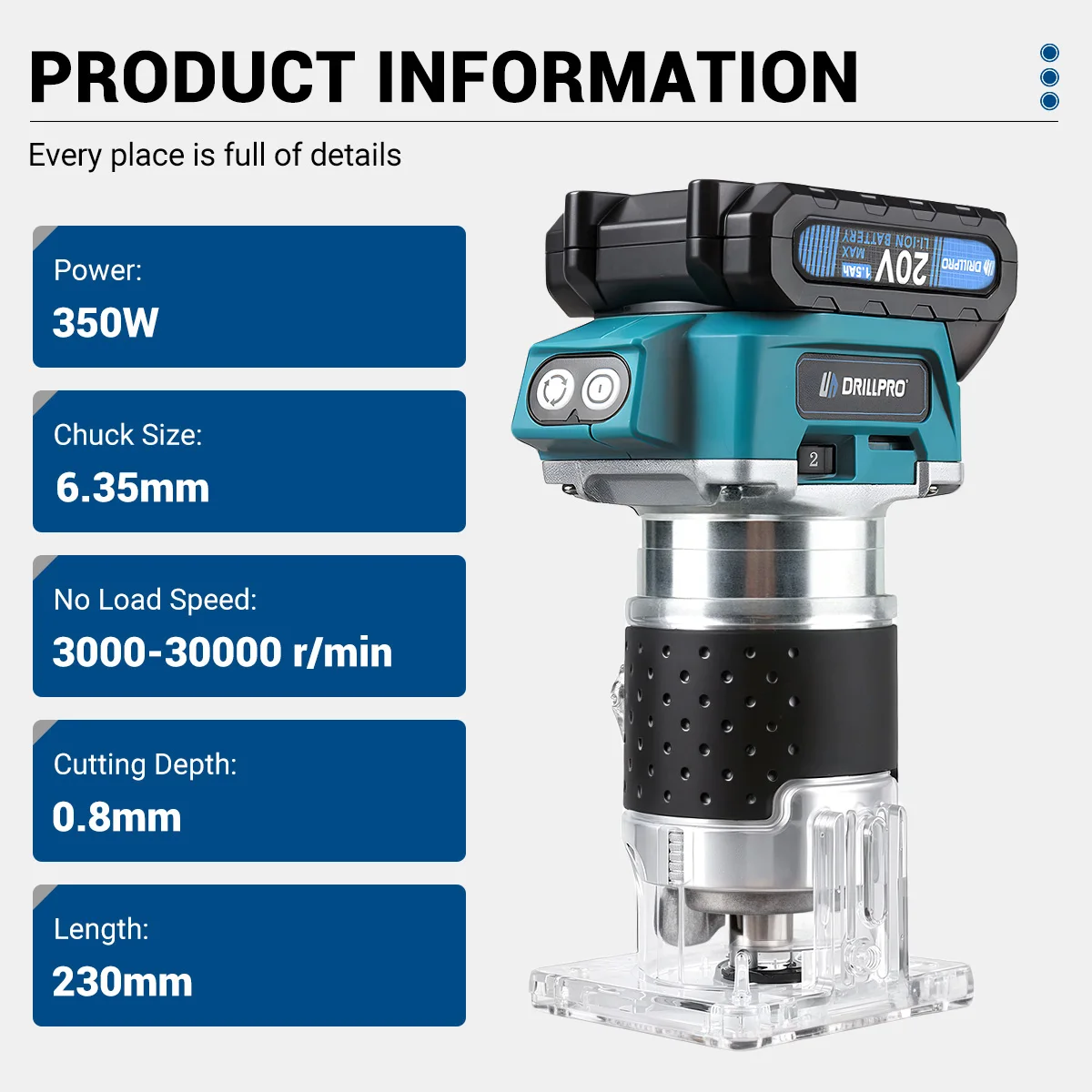 Drillpro 6.35mm 6 Speeds Electric Trimmer Cordless Wood Router Woodworking Engraving Slotting w/ 0/1/2 Battery for 18V
