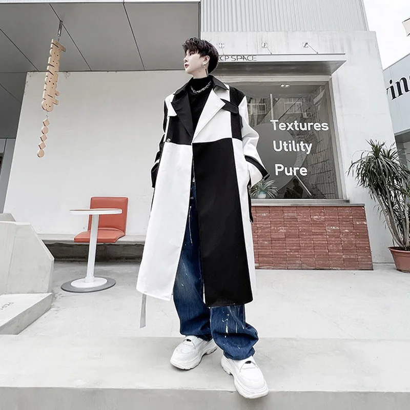 Men's Net Celebrity Streetwear Black White Splice Long Jacket Windbreaker