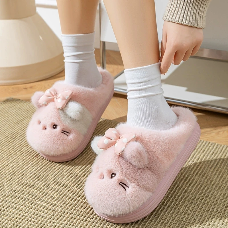 Cartoon Cat Cotton Slippers for Women Cute Pink Fluffy Indoor Women's Home Slippers Winter 2025 Thick Sole Anti Slip Shoes Woman