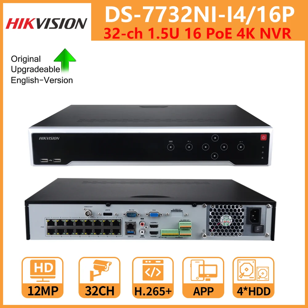 

Hikvision NVR 12MP 32-CH 1.5U 16 PoE 4K NVR DS-7732NI-I4/16P H.265+ For IP Camera 4 HDDs Two-Way Audio Network Video Recorders