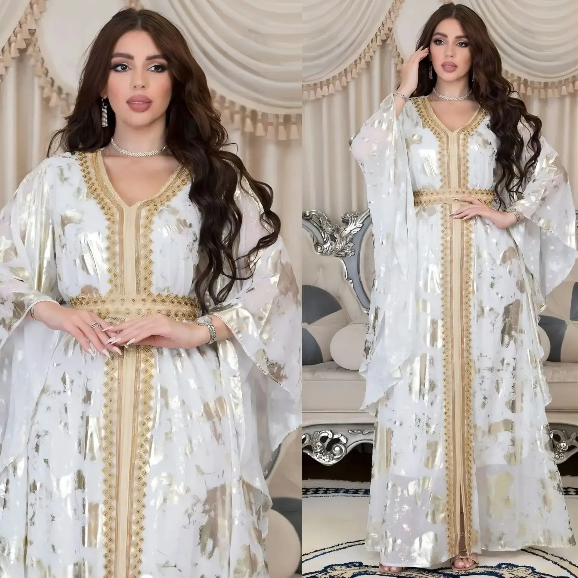 Luxurious Women's Jalabiyat Moroccan Kaftan Abaya Dubai Print V-Neck Guipure Lace Tape Belted Dress Islamic Dresses for Women