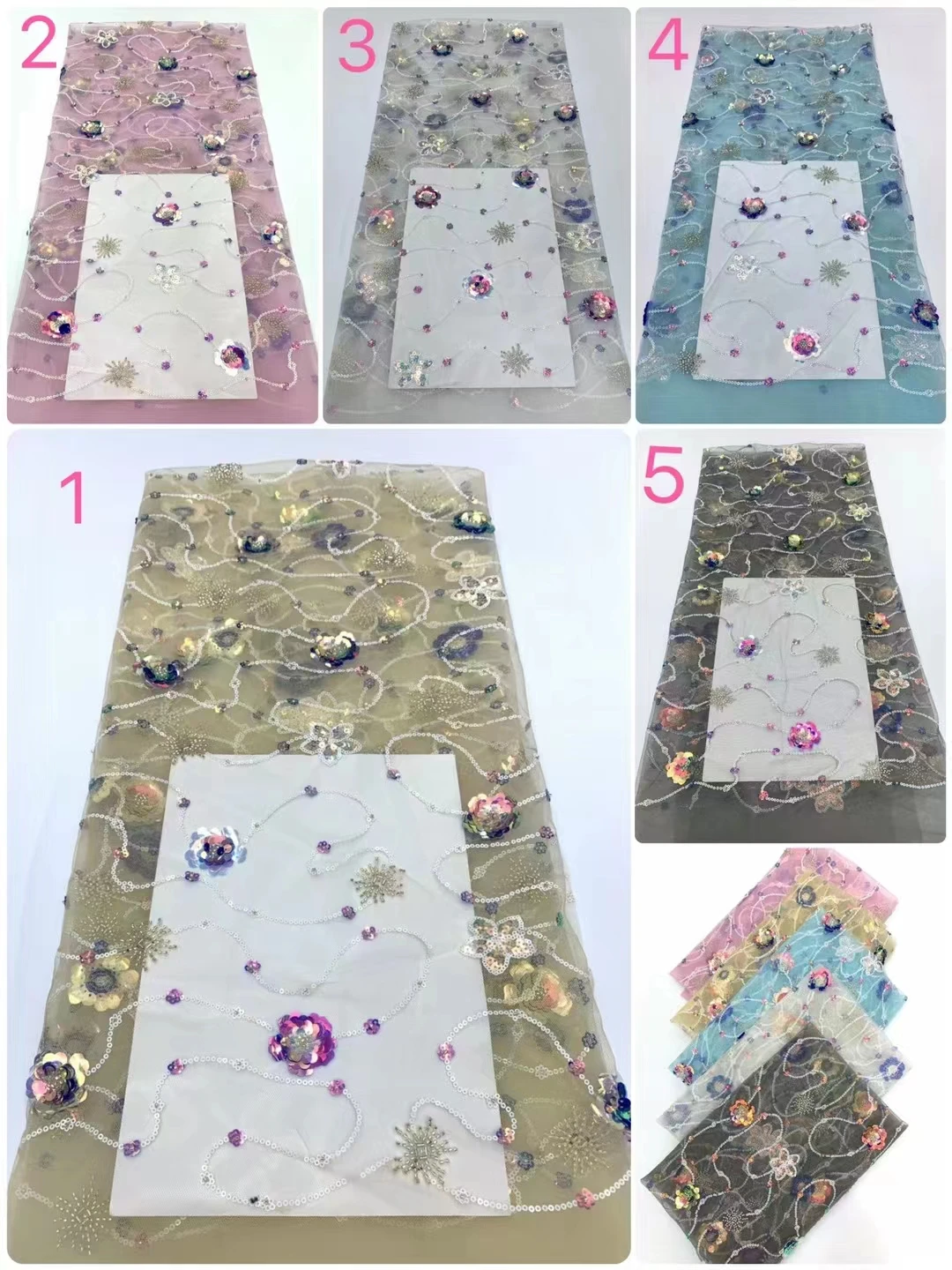 

African Heavy Beaded Lace Fabric 2023 High Quality 5 Yards Nigerian Sequins Tulle 3D Fabric Material For WeddingJY28