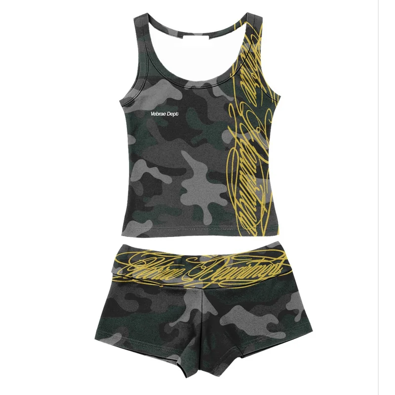 Amerikanisches Retro Harajuku Ästhetik Slim Spicy Girl Shorts-Set Y2K Streetwear Klassische Ärmellose U-Ausschnitt Bedruckte Damen-Weste – Detail 25