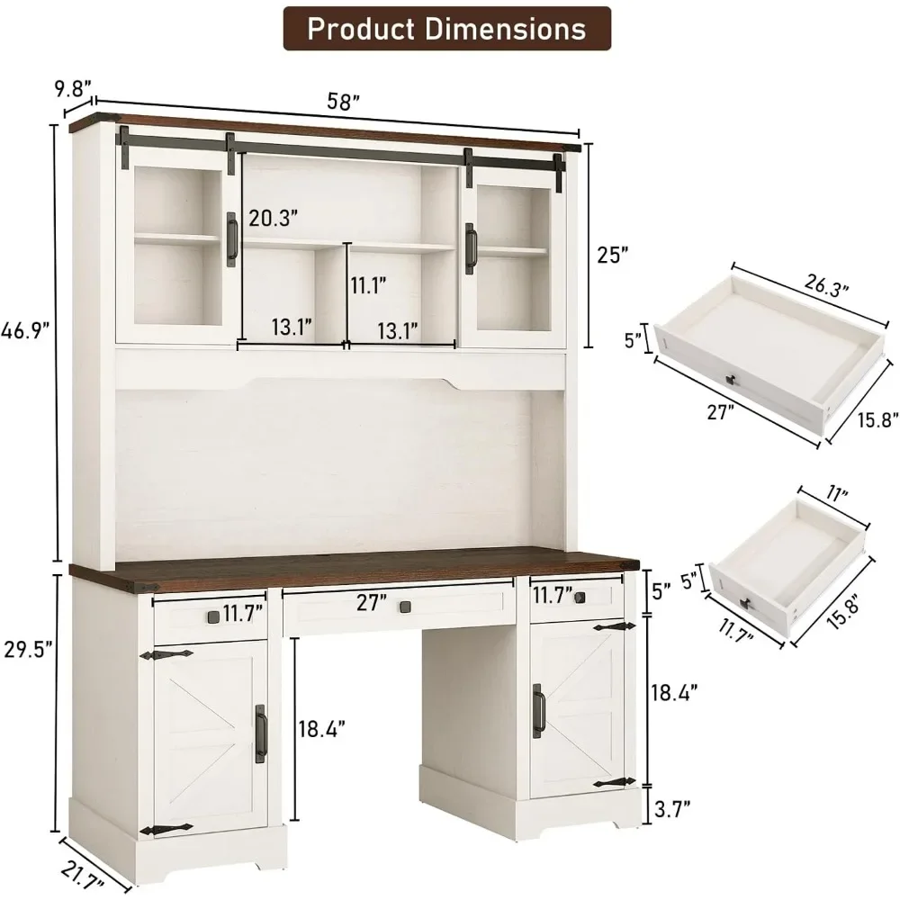 76" Height Farmhouse Desk with Sliding Door Hutch with Charging Station, Drawers and Storage Cabinet Workstation Computer Desk 5