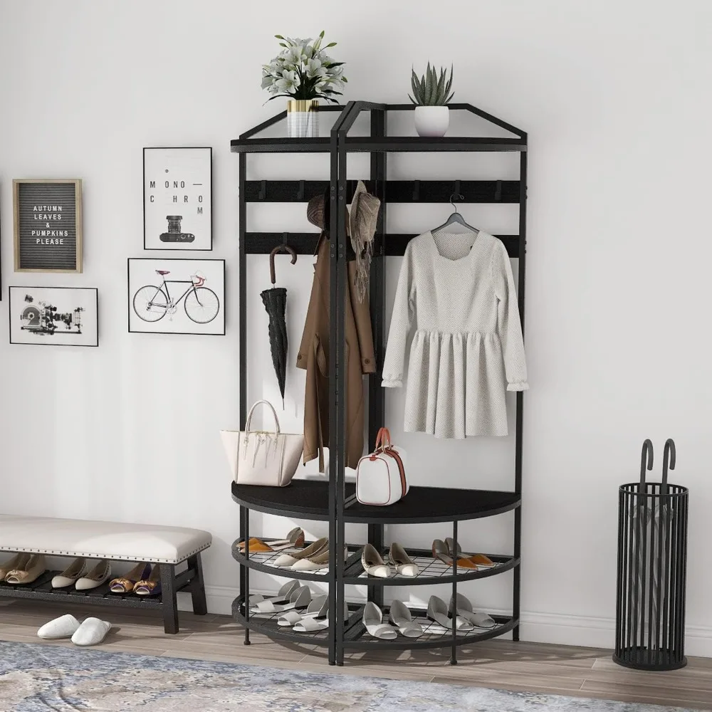 GiftGo Modern Black Entryway Corner Hall Tree with Shoe Bench Entryway Coat Rack with 10 Metal Movable Hooks Wooden Clothes